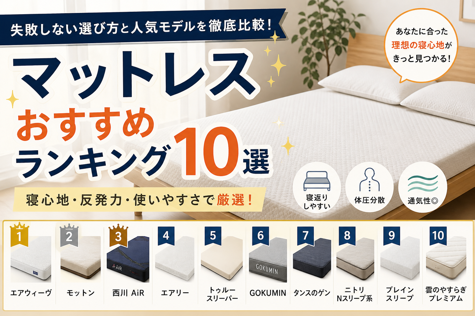 マットレスおすすめランキング10選｜失敗しない選び方と人気モデルを比較したアイキャッチ画像