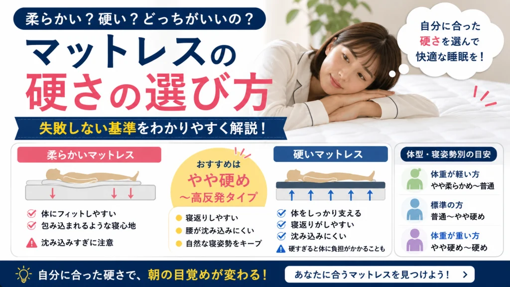 マットレスの硬さの選び方を解説した比較イメージ｜柔らかい・硬い・高反発の違いがわかる図
