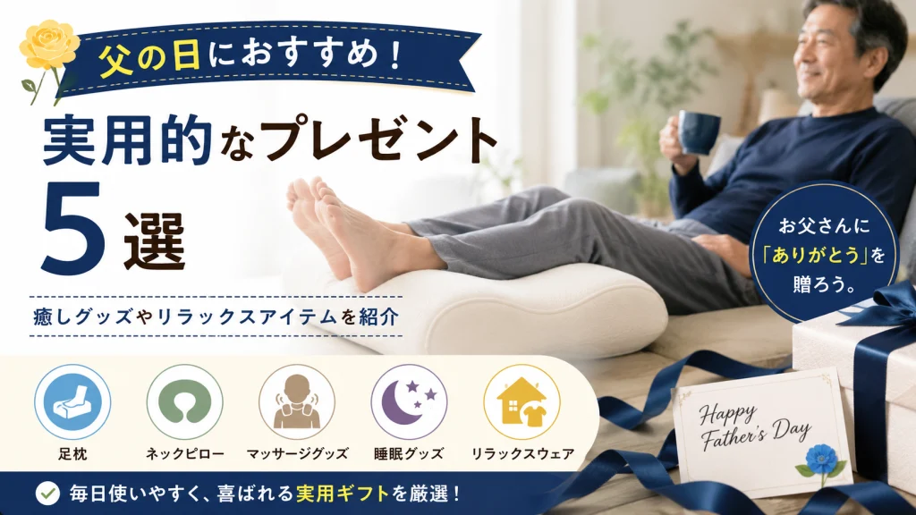 父の日におすすめの実用的プレゼント5選を紹介するアイキャッチ画像。足枕や睡眠グッズなど、癒し系ギフトを特集している。