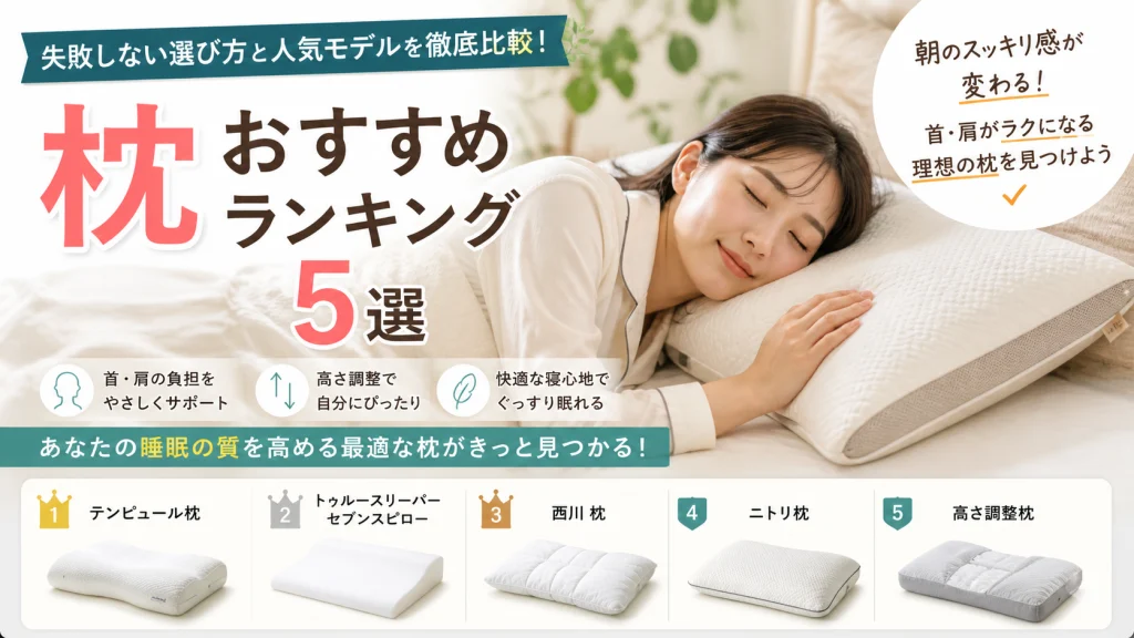 枕おすすめランキング5選｜首や肩がラクになる人気枕と選び方を紹介したアイキャッチ画像